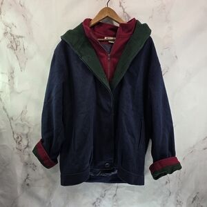 Vintage Coat Women 18W 2X 90s Wool Hooded Colorblock Navy Green Red Herman Kay